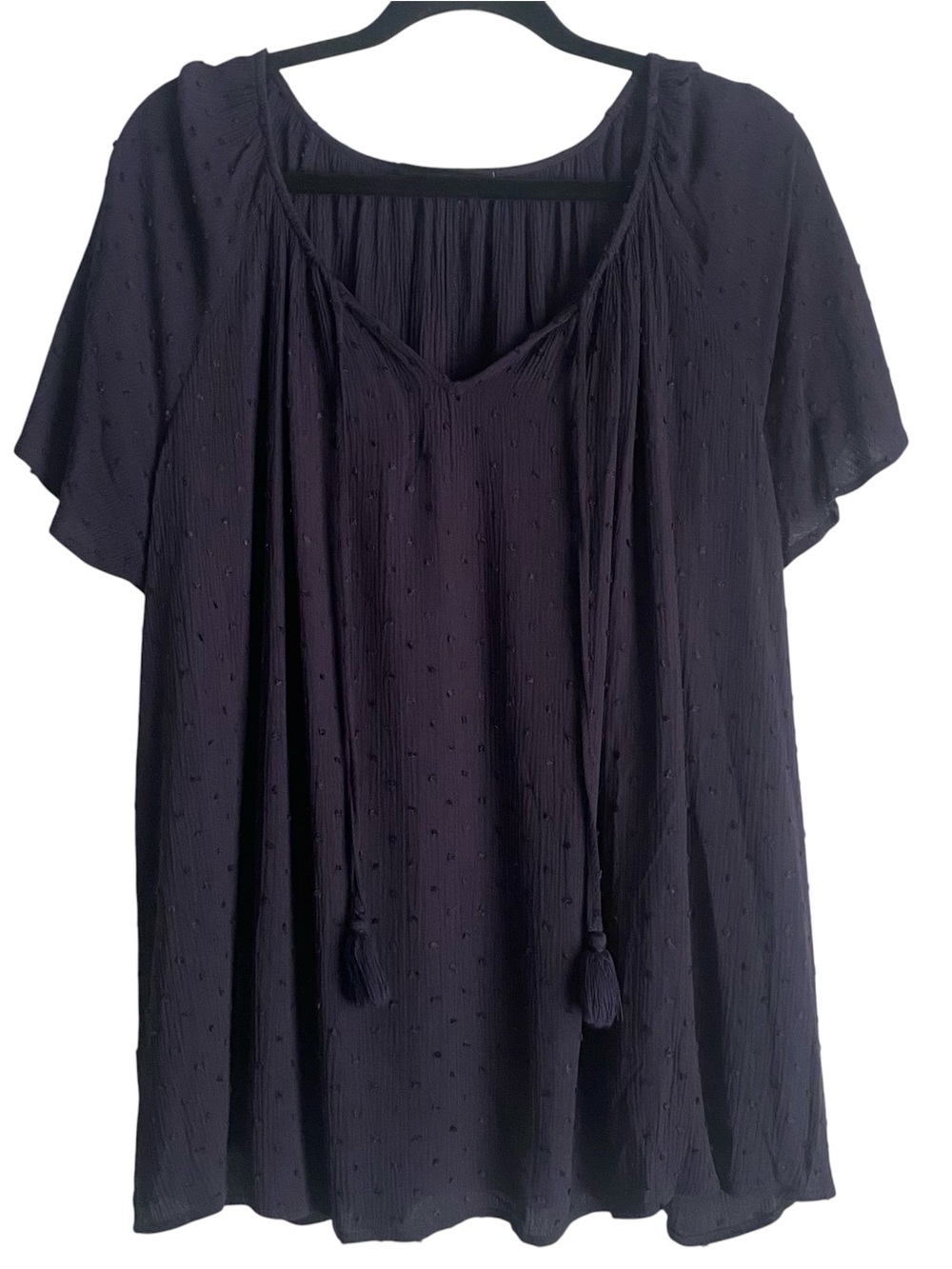 Lane Bryant Navy Blue Swiss Dot Tassel Tie Boho Blouse Top 14/16